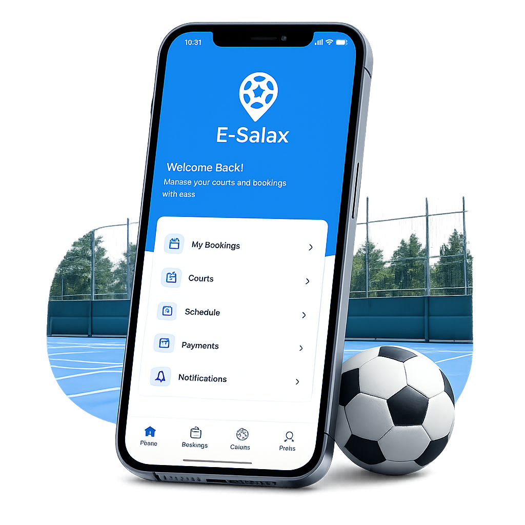 E-Salax mobile app on phone with court and football
