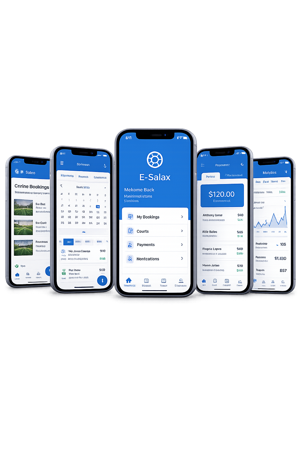 E-Salax app screens: bookings, calendar, dashboard, payments and analytics